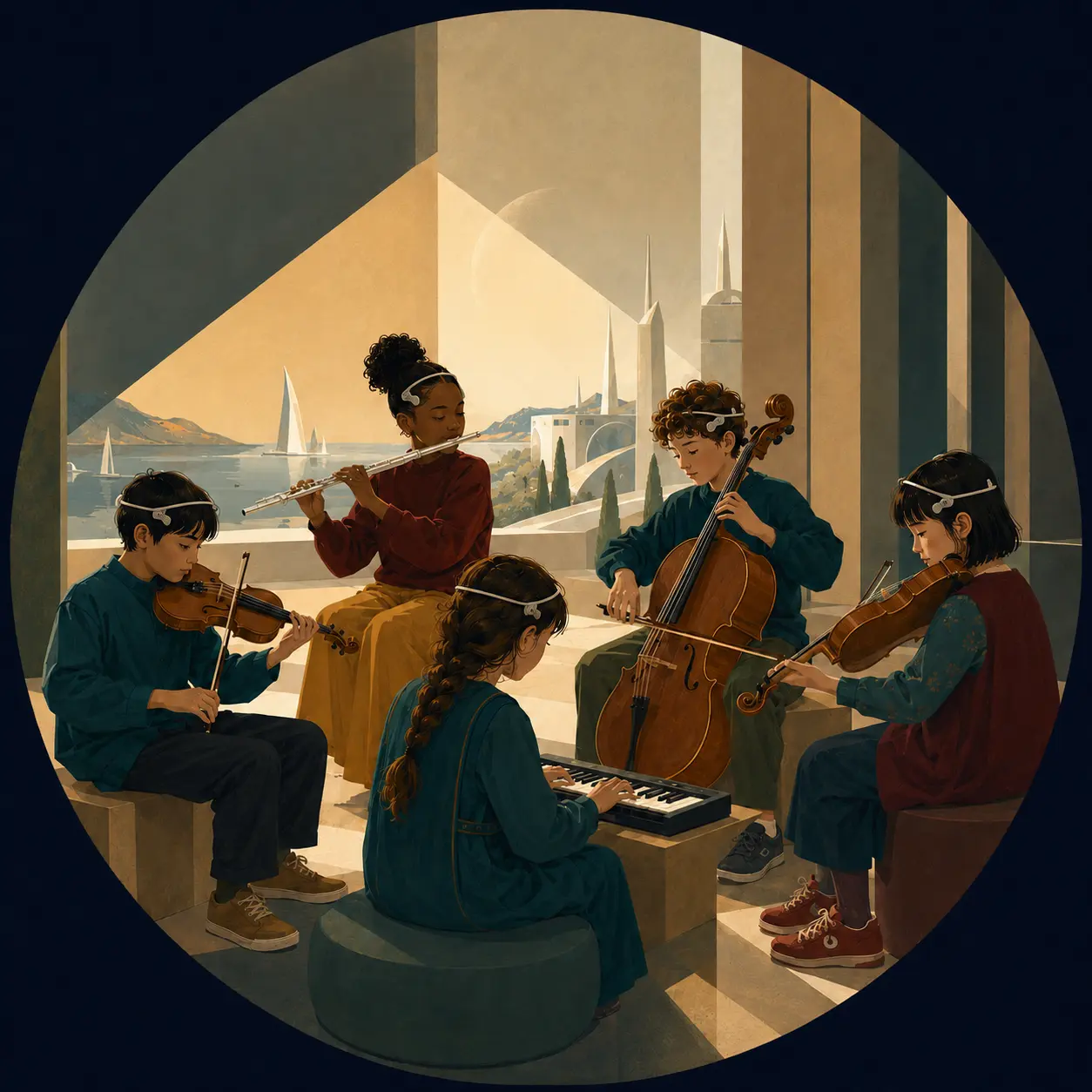 Children in an orchestra classroom playing together while wearing neurotechnology devices.